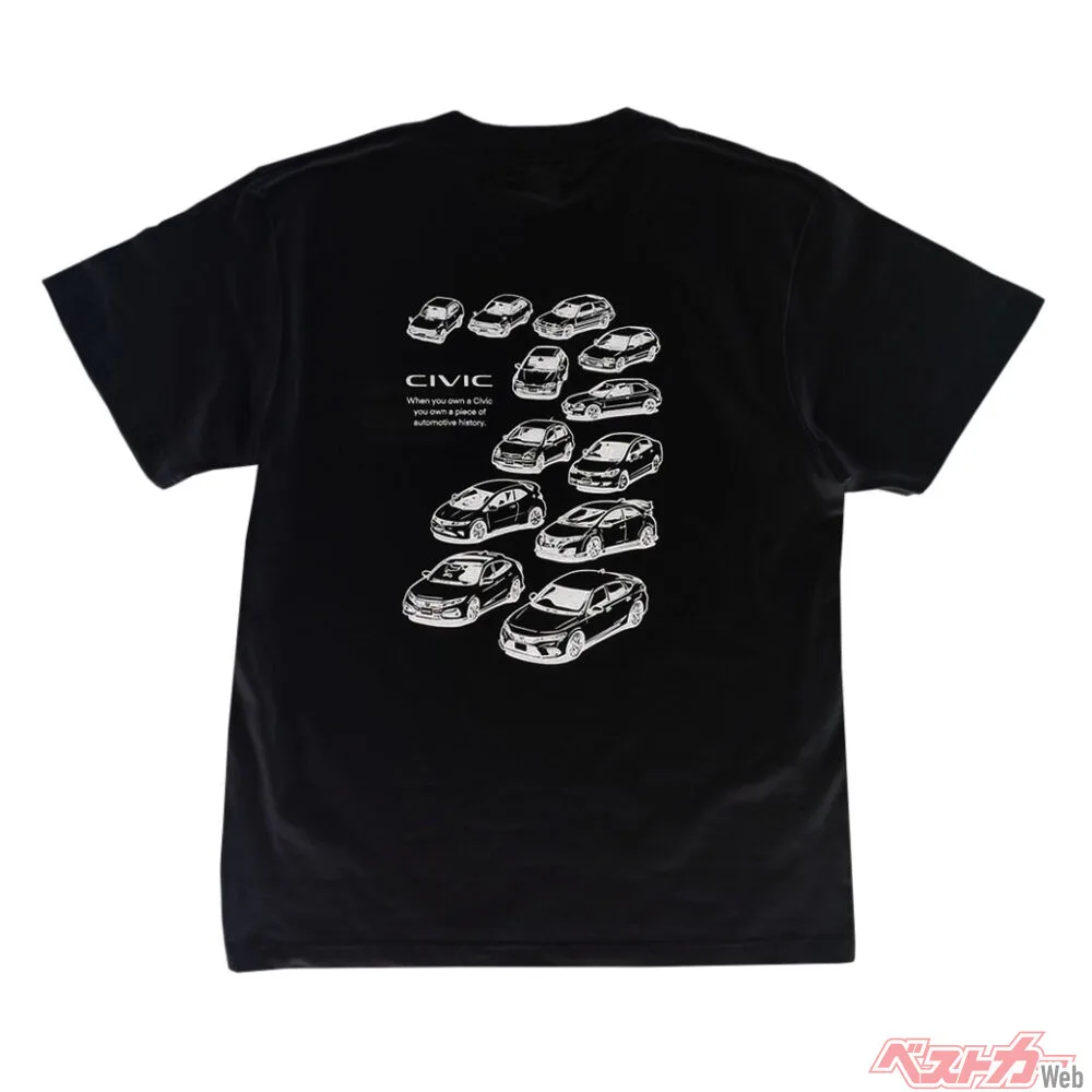 歴代シビックが一枚に！公式Tシャツに待望のブラック登場、ホンダファン熱狂